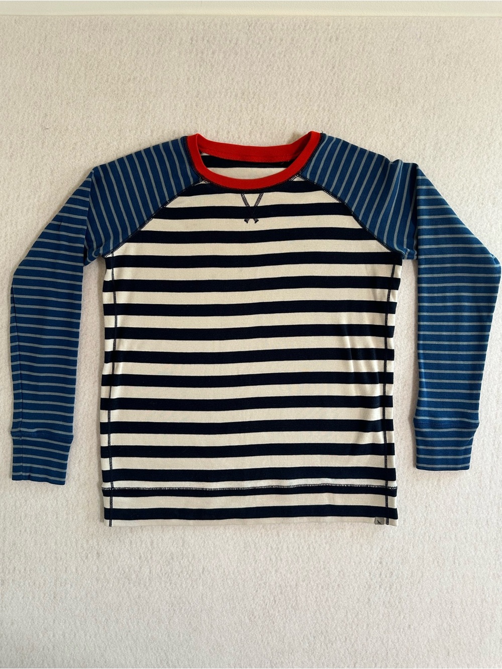 Eddie Bauer Navy and Cream Striped Raglan Tee with Red Neck